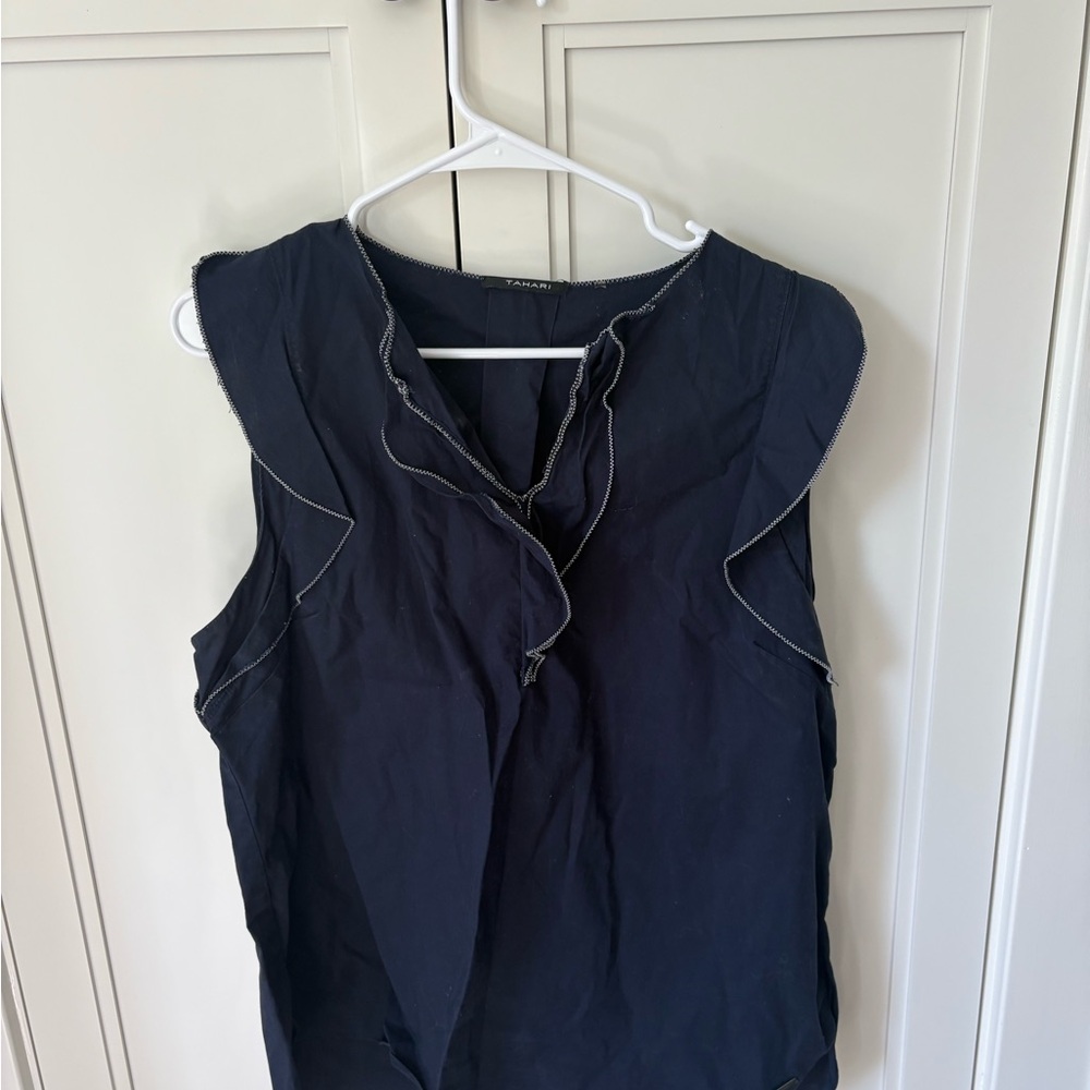 Tahari Blue Ruffled Bib Collar Blouse